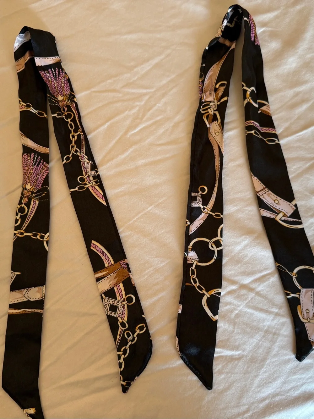 2 xTwill Silk Scarf Ribbon Belt Print Head Bag Neck Tie 34” Black Chain Keychain